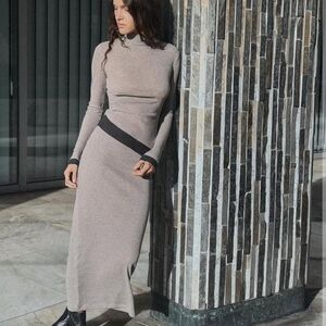 Women's Zara Long Sleeve Turtleneck Knit Dress in Taupe with Black Trim